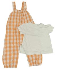 2set- oranžovo-bílé kostkované laclové kalhoty+ bílé tričko Studio