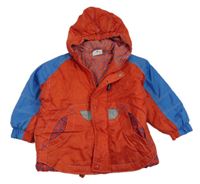 Červeno-modrá šusťáková zimní bunda s kytičkami a kapucí Pocopiano