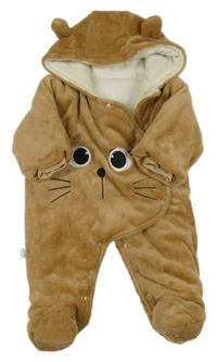 Hnědá chlupatá zateplená kombinéza s kočkou a kapucí 