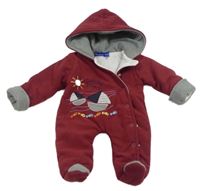 Vínová fleecová podšitá kombinéza s loďkami a kapucí 