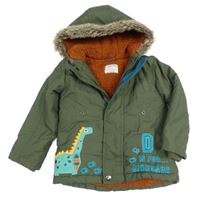 Khaki šusťáková zimní bunda s dinosaurem a kapucí 