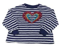 Tmavomodro-bílé pruhované triko se srdíčkem z flitrů Next