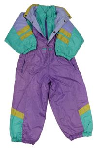 Fialovo-tyrkysová šusťáková zateplená kombinéza s ukrývací kapucí