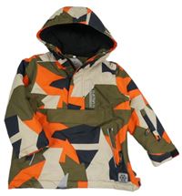 Khaki-tmavooranžovo-béžový vzorovaná šusťáková zimní bunda s kapucí Topolino