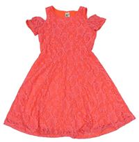 Neonově korálové krajkové šaty C&A