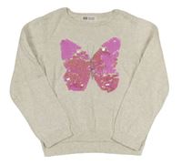 Světlerůžový svetr s motýlem z flitrů H&M