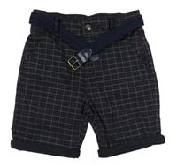 Tmavomodré kostkované plátěné slim kraťasy s páskem Denim 
