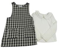 2set - Smetanové žebrované triko s límečkem + černo-bílé kostkované šaty Primark