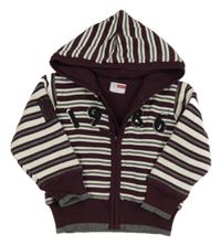 Vínovo-bílo-šedý pruhovaný propínací podšitý svetr s kapucí Name it