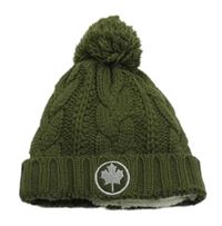 Khaki pletená zateplená čepice s bambulí 