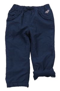 Tmavomodré šusťákové podšité kalhoty se srdíčkem a volánky Topolino