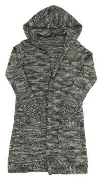 Šedo-bílý melírovaný svetrový dlouhý cardigán s kapucí Page one young