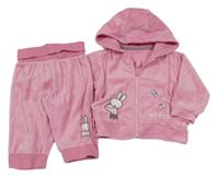 2set - Světlerůžová sametová propínací mikina se zajíčkem a kapucí + kalhoty Mothercare