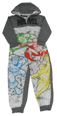 Tmavošedo-světlešedá melírovaná tepláková kombinéza s Avengers a logem a kapucí George