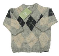 Nový - šedý melírovaný károvaný vlněný svetr H&M