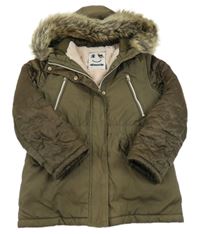 Tmavokhaki/hnědá šusťáková zimní parka s květy a kapucí s kožešinou