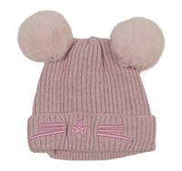Starorůžová žebrovaná čepice s čumáčkem a bambulemi 