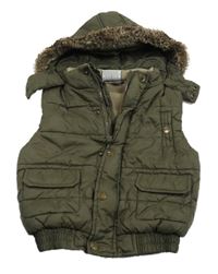 Khaki prošívaná šusťáková zateplená vesta s kapucí s kožešinou Topolino