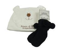 Nové - 2Set - Smetanová žebrovaná čepice - medvídek, černé ponožky s bambulkami Soft Touch