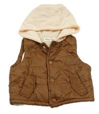 Hnědá prošívaná šusťáková zateplená vesta s kapucí SHEIN