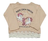 Pudrové úpletové mikinotriko s jednorožci a krajkovým volánkem dopodopo