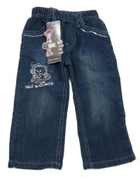 Nové - tmavomodré teplákové rifle s kočičkou a flitry