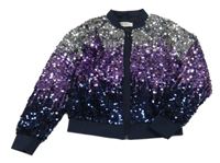 Tmavomodro-fialovo-stříbrný tylový flitrový jarní crop bomber H&M