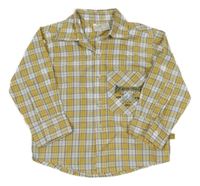 Okrovo-šedo-bílá kostkovaná košile s nápisy a lebkou a žralokem Kiki&Koko