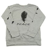 Šedá melírovaná mikina s pírky a nápisem