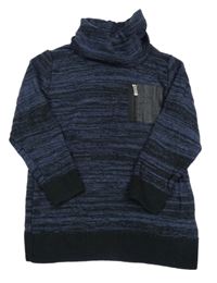 Černo-tmavomodrý melírovaný svetr s kapsou a komínovým límcem Next