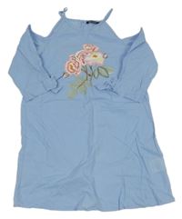 Světlemodré šaty s kytičkami a volnými rameny BLUE SEVEN