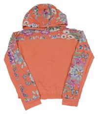 Lososová crop mikina s kytičkami a vážkami a kapucí LOLA MAVERICK