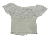 Bílý žabičkový crop top s volánkem s madeirou New Look