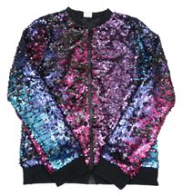 Černo-modro-tmavorůžovo/falovo-tyrkysový tylový flitrový jarní bomber F&F