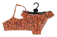 Nové - křiklavě korálovo-černo-smetanovo-zlaté vzorované dvoudílné plavky s volánkem PRIMARK