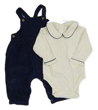 Nové - 2Set - Tmavomodré manšestrové laclové podšité kalhoty + smetanové body s límečkem Next