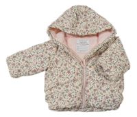 Smetanová prošívaná šusťáková zimní bunda s kytičkami a kapucí PRIMARK
