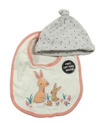 2set - Šedá melírovaná bavlněná čepice s hvězdami + smetanový slinták s králíky