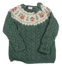 Khaki-bílý svetr se soby a stromky C&A