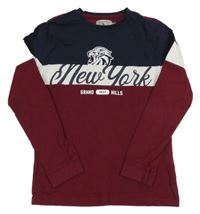 Vínovo-tmavomodro-bílé triko s lvem a nápisem Grand&Hills