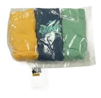 Nové - 3x slipy - zelené + tmavomodré s nápisem + žluté