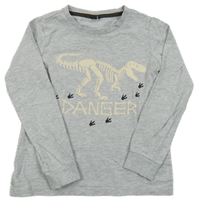 Šedé melírované triko s kostrou dinosaura