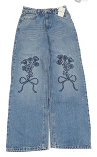 Nové - Modré wide leg rifle s květinou Primark