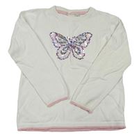 Bílý lehký svetr s motýlem z flitrů 