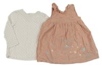 2 set - bílé triko s růžovými hvězdičkami + světlerůžové manšestrové šaty s výšivkami George