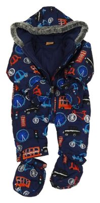 Tmavomodrá šusťáková zimní kombinéza s auty a kapucí + capáčky + rukavice 
