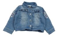 Světlemodrá tepláková riflová bunda s výšivkami a volánkem Topomini