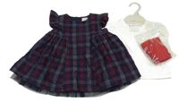 Nové - 3 set - Tmavomodro-červené kostkované šaty + bílé triko + červené punčocháčeF&F