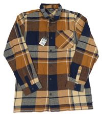 Hnědo-tmavomodrá kostkovaná flanelová košile Primark