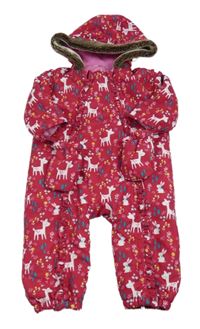 Fuchsiová šusťáková květovaná zimní kombinéza se zvířátky a kapucí + rukavice M&Co.
